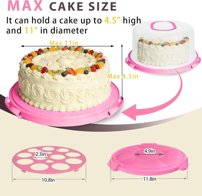 Slomg Plastic Cake Carrier with Lid and Handle, Multipurpose Cake Stand Holder Container for 11 in Cake, Round Cupcake Storage Box Serving Tray with Cover for Bundt Dessert Pie Pizza Eggs Rose Pink - Image 2
